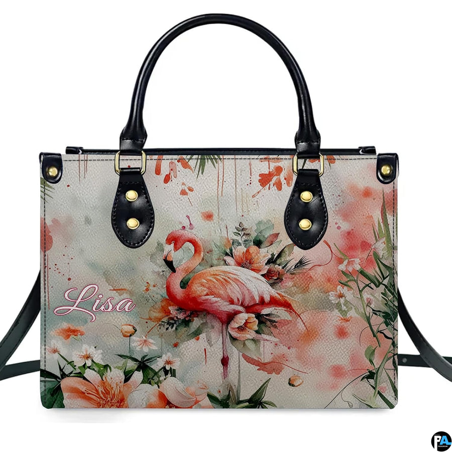 Angled display highlighting the delicate watercolor flamingo and botanical petals.