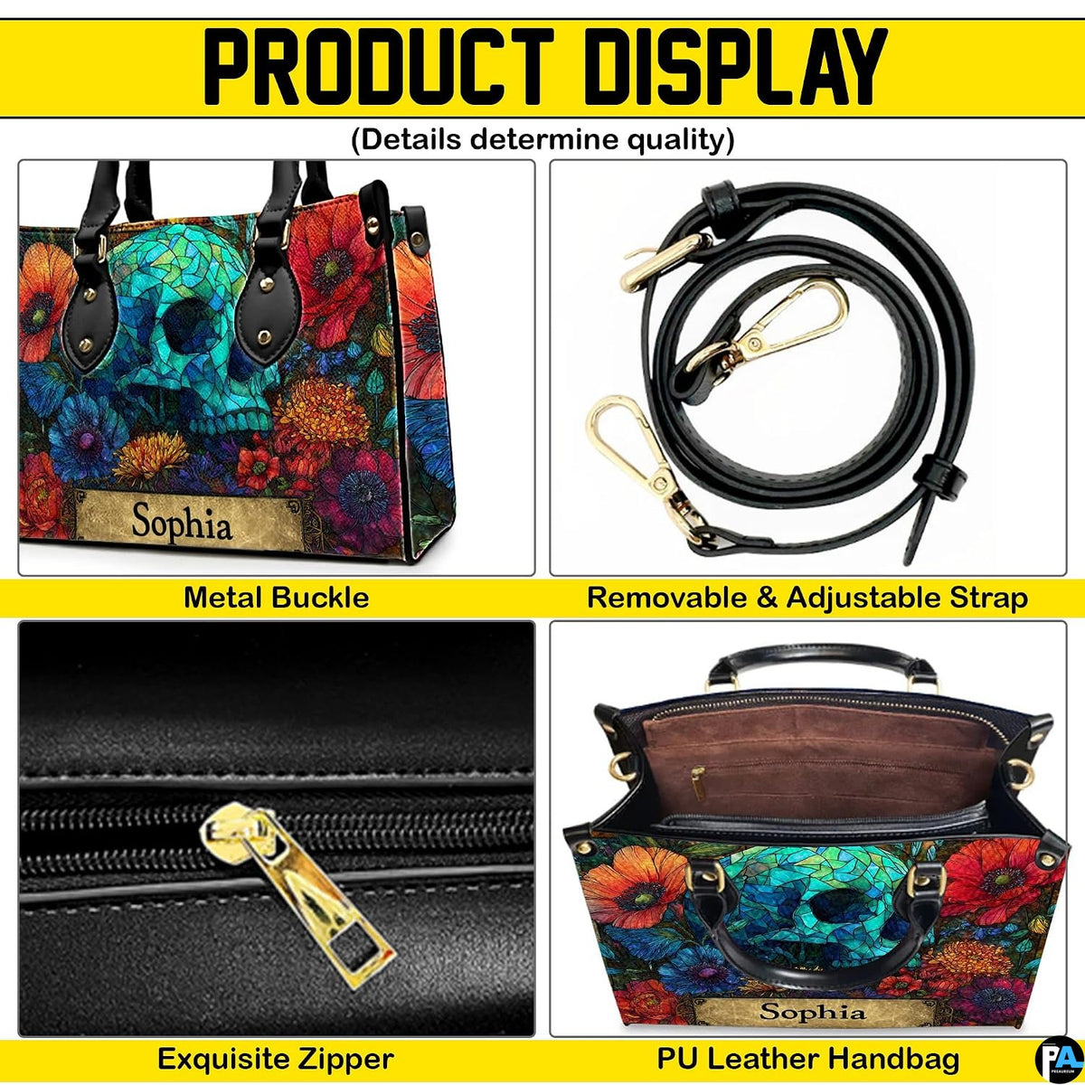 Four-panel showcase illustrating design details, hardware, and interior layout.