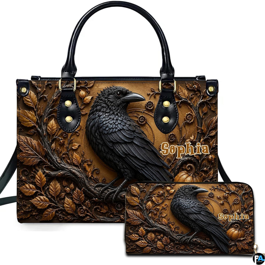 Personalized Halloween Gothic Leather Handbag Custom Raven Black Cat Purse Dark Fantasy Shoulder Bag Gift for Women