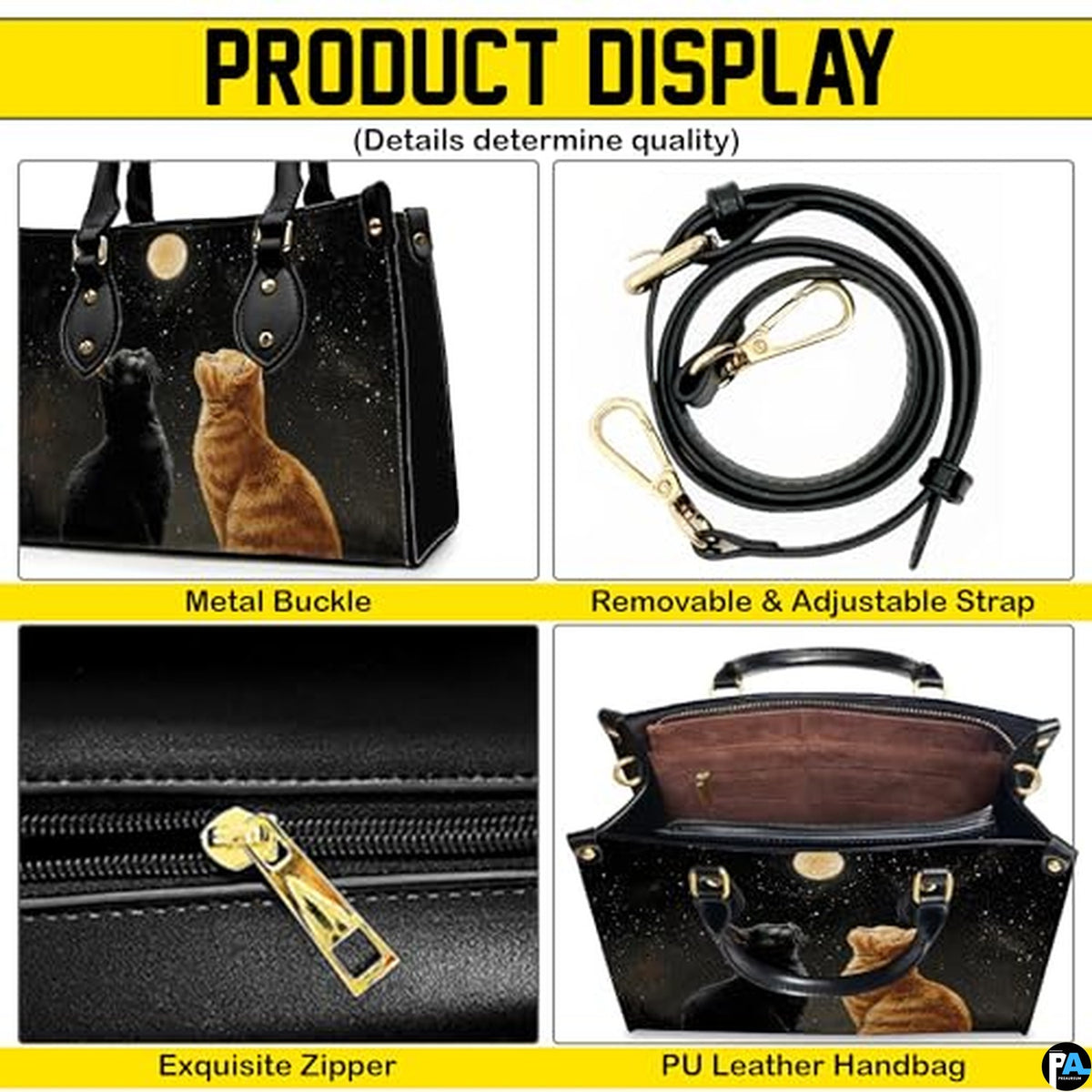Black Cat Leather Bag – Vintage Cat Art Handbag, Stylish Animal-Themed Purse, Unique Gift for Cat Lovers
