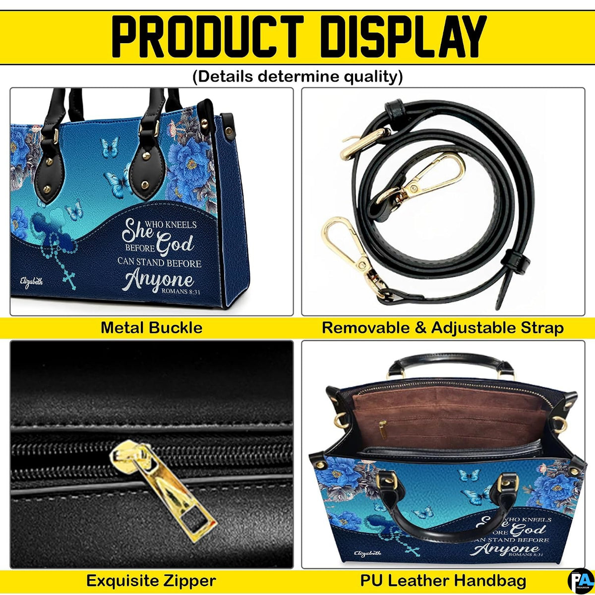 Four-part visual overview detailing corner gold attachments, top opening, and printed floral front surface.