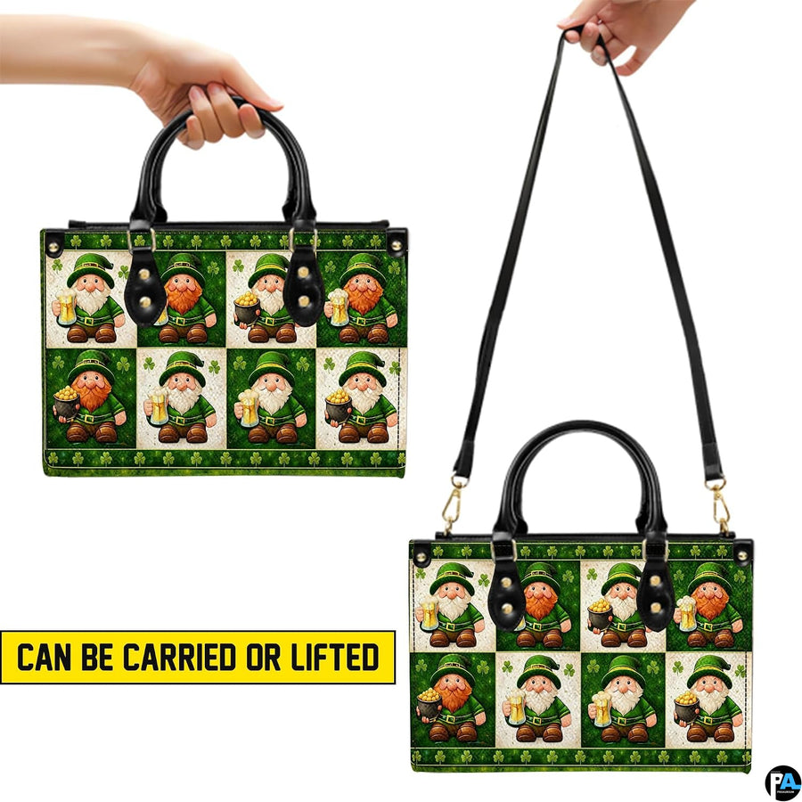 Two carry views of green leprechaun collage handbag