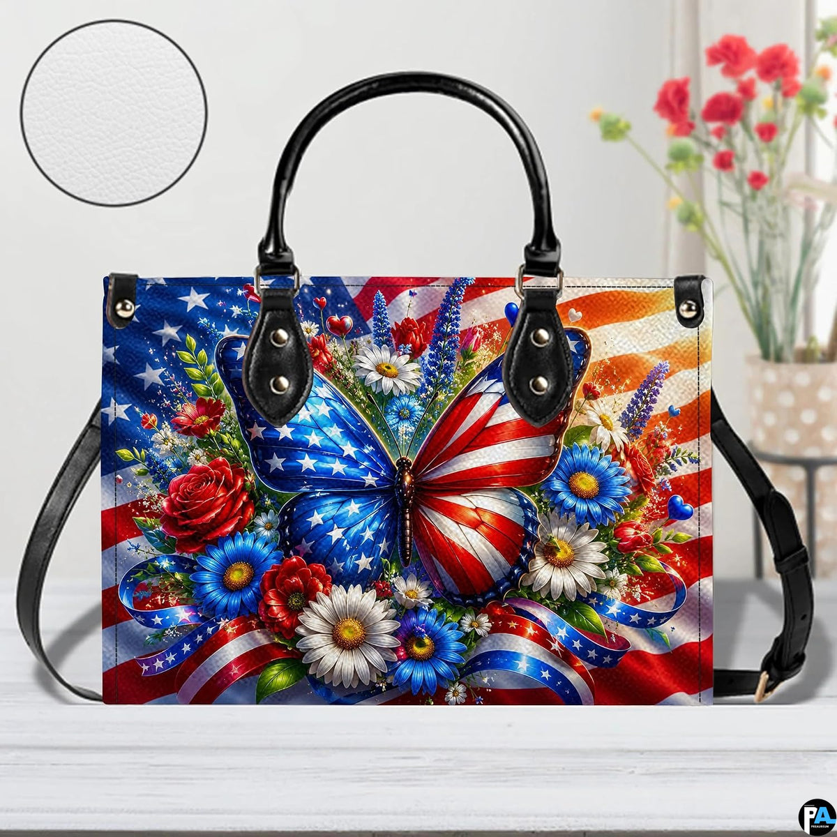 Front close-up view of matching patriotic butterfly wallet