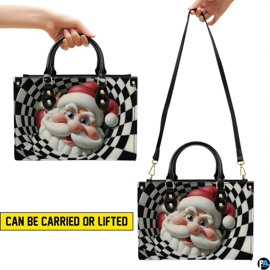 Carrying options demonstrated with hand-held and over-the-shoulder styling for Santa handbag