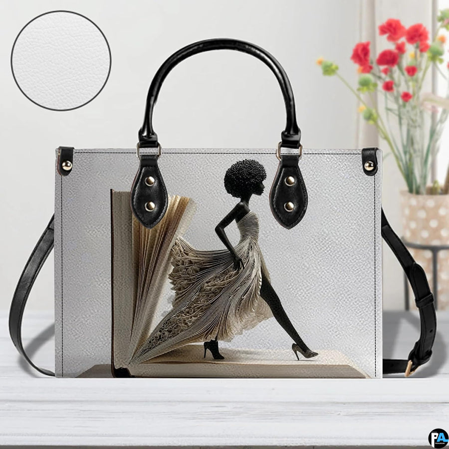 Front view of literary fashion handbag with afro silhouette
