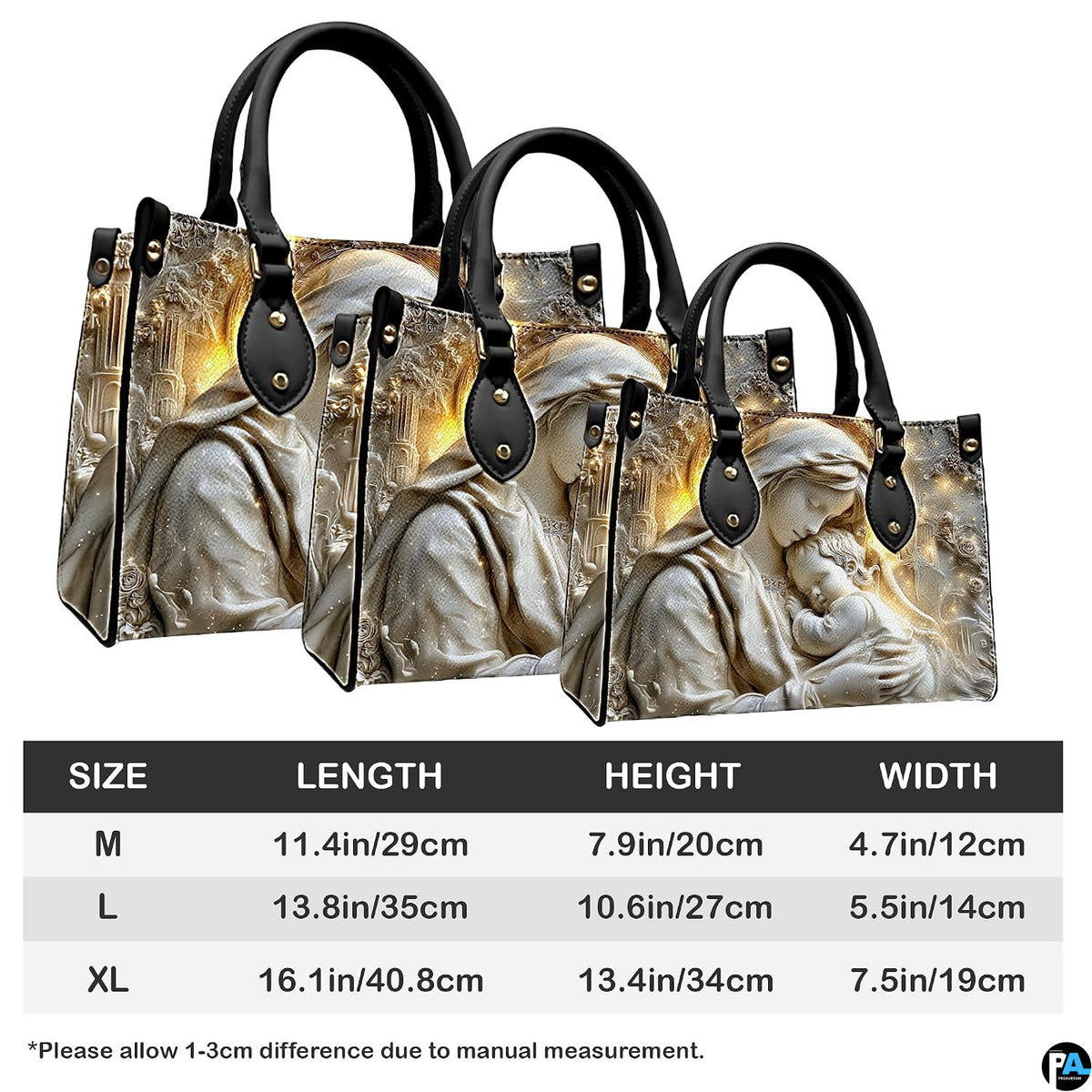 Size specification chart showing M, L, and XL handbag measurements and handle dimensions.