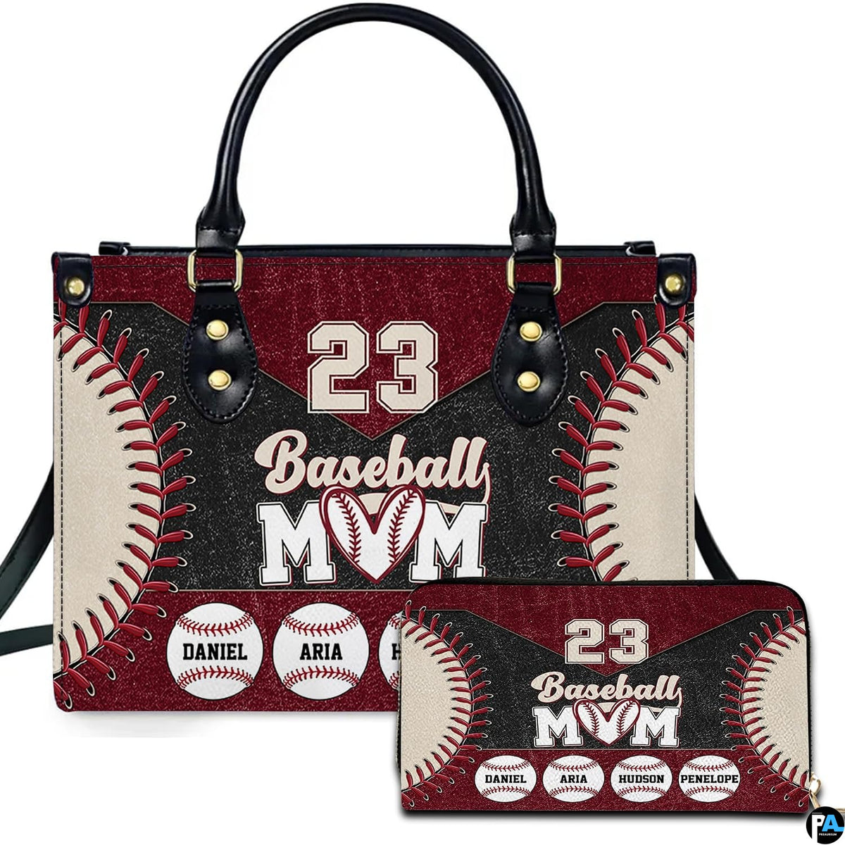 Maroon baseball seam handbag and matching zip wallet shown against studio background with athletic graphics.