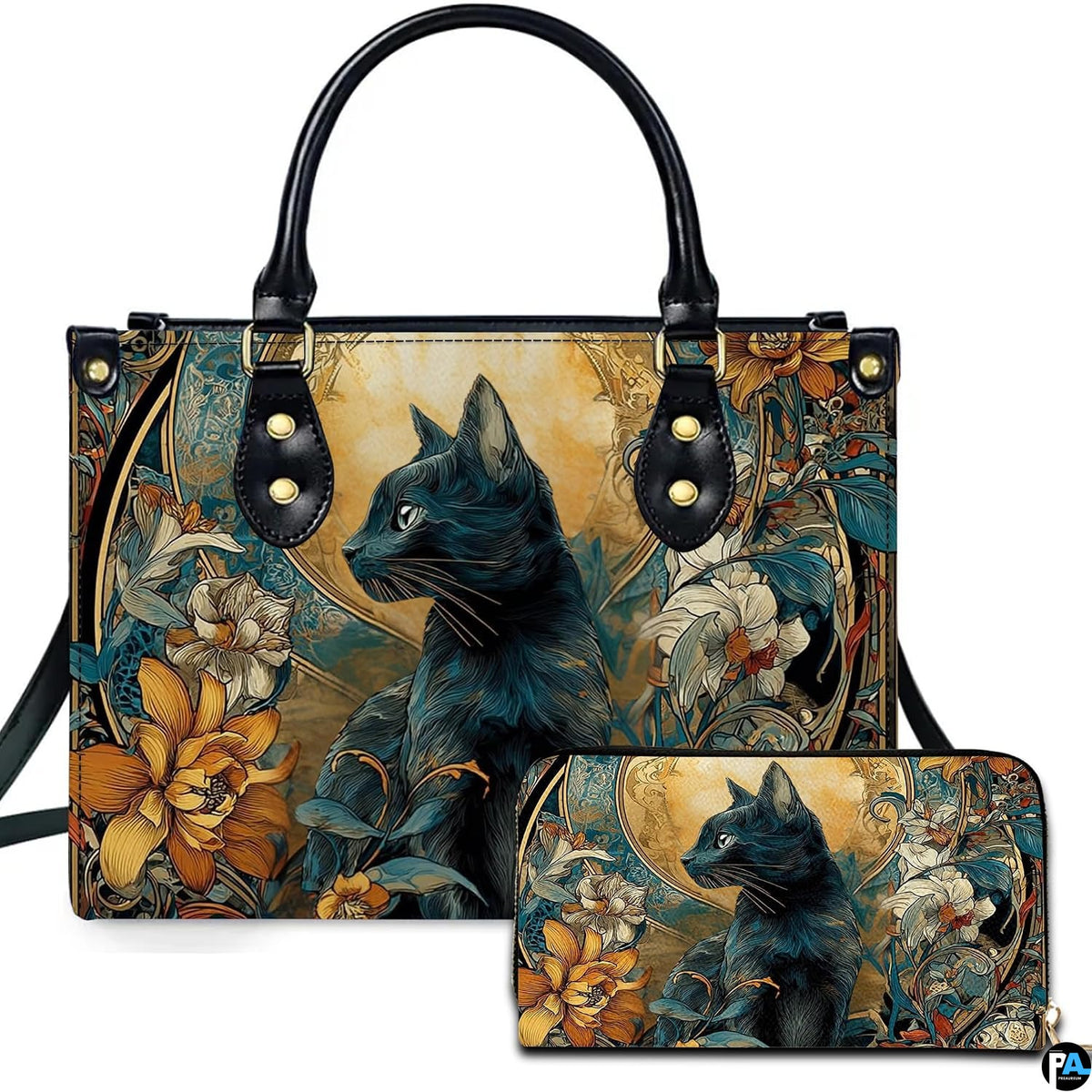 Black Cat Leather Bag – Vintage Cat Art Handbag, Stylish Animal-Themed Purse, Unique Gift for Cat Lovers