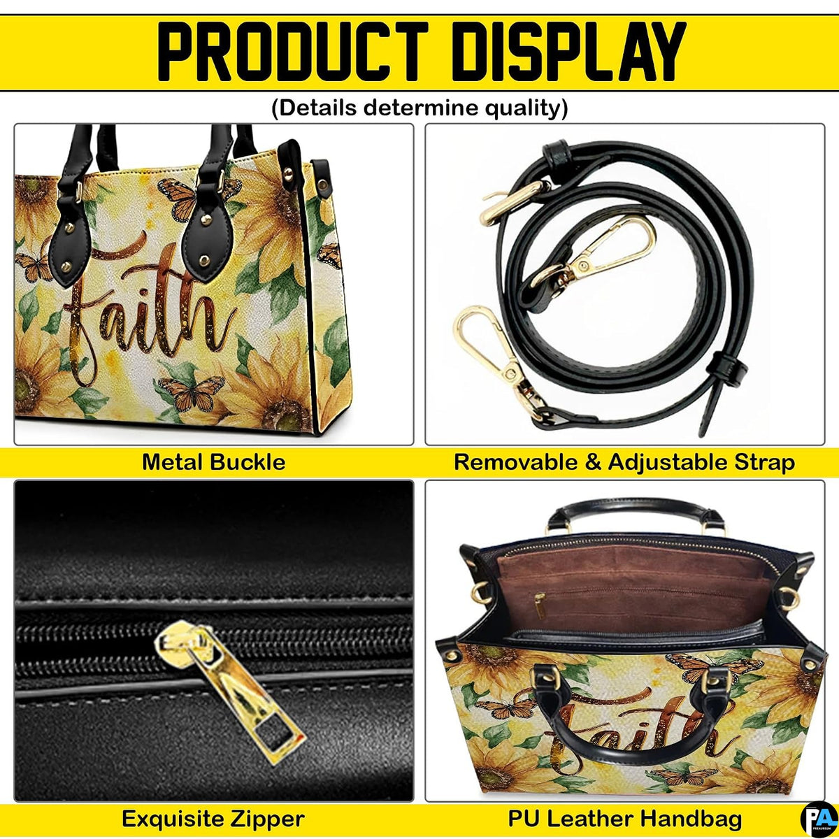 Top-down view of golden sunflower handbag showing dual carrying handles.