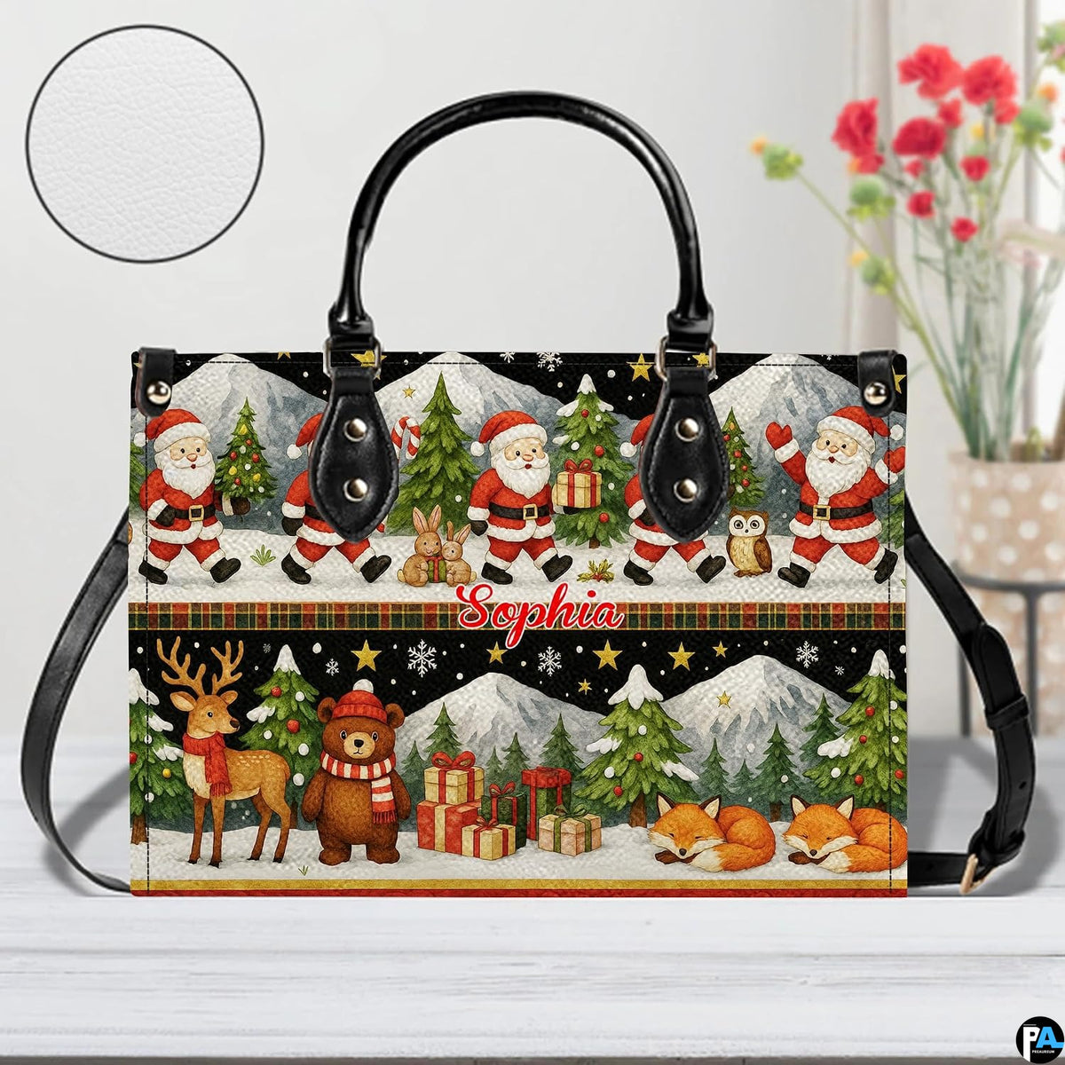 Close-up of lower graphic panel featuring red-scarfed reindeer, teddy bear, wrapped gifts, and sleeping foxes.
