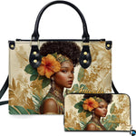 Studio presentation showing tropical Black woman portrait artwork alongside matching companion accessory.