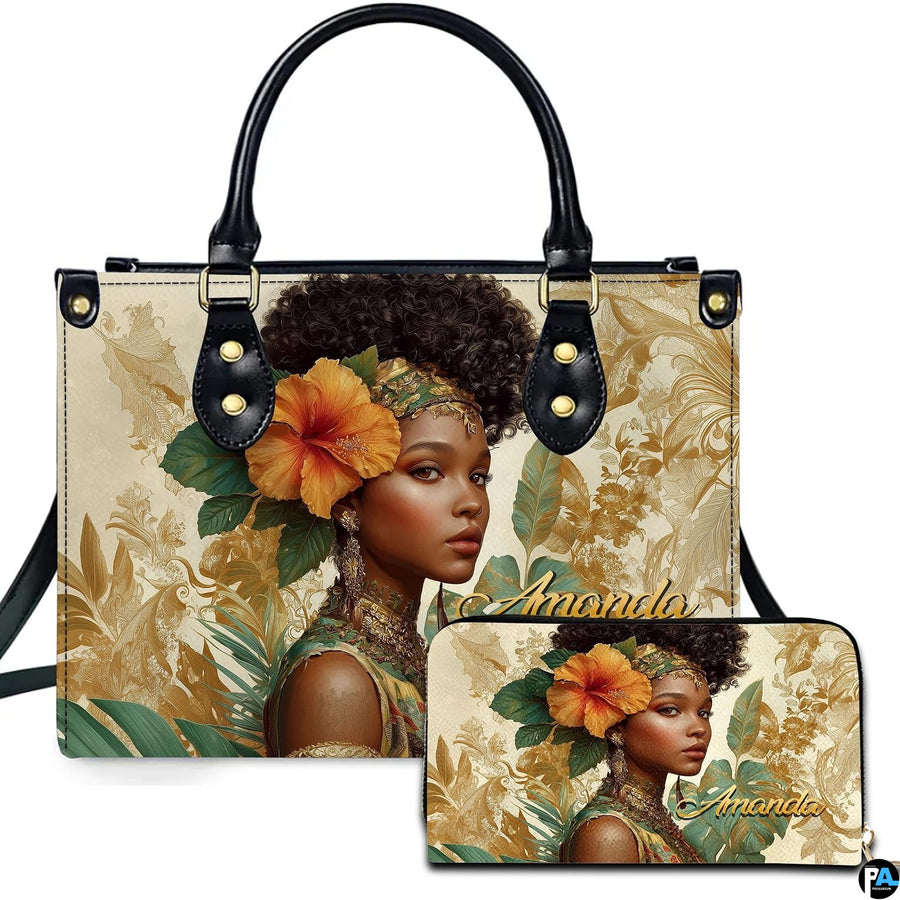 Studio presentation showing tropical Black woman portrait artwork alongside matching companion accessory.