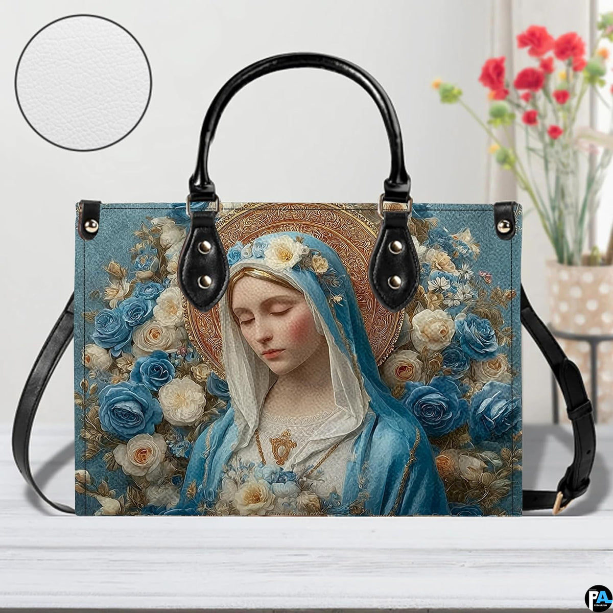 Side profile view illustrating seam finish and blue floral print