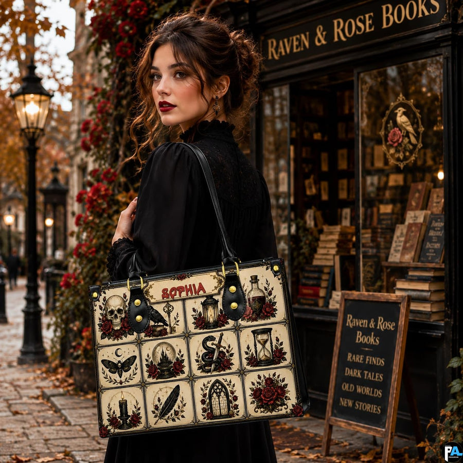 Side lifestyle view of gothic occult satchel worn over the shoulder outside an antique bookstore.