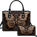 Champagne bronze butterfly handbag and matching wallet set shown against a clean white studio background.