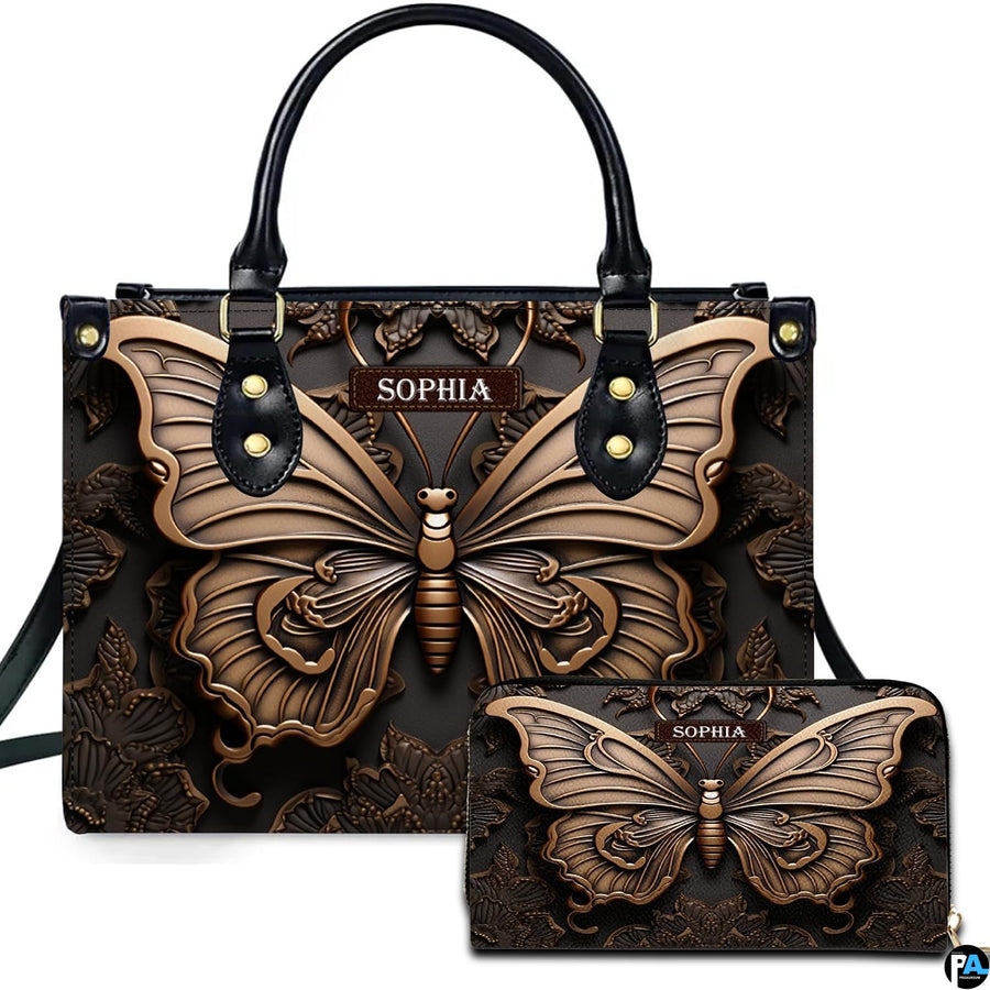 Champagne bronze butterfly handbag and matching wallet set shown against a clean white studio background.