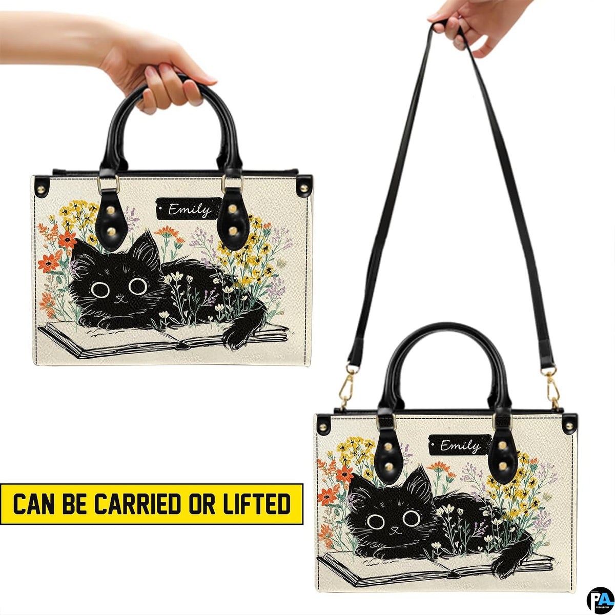 Side perspective view of literary black kitten handbag and wallet showing structured profile
