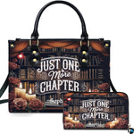 Antique library bookshelf handbag and matching zip wallet set featuring candlelight, roses, and reading artwork.