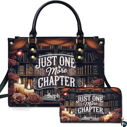 Antique library bookshelf handbag and matching zip wallet set featuring candlelight, roses, and reading artwork.