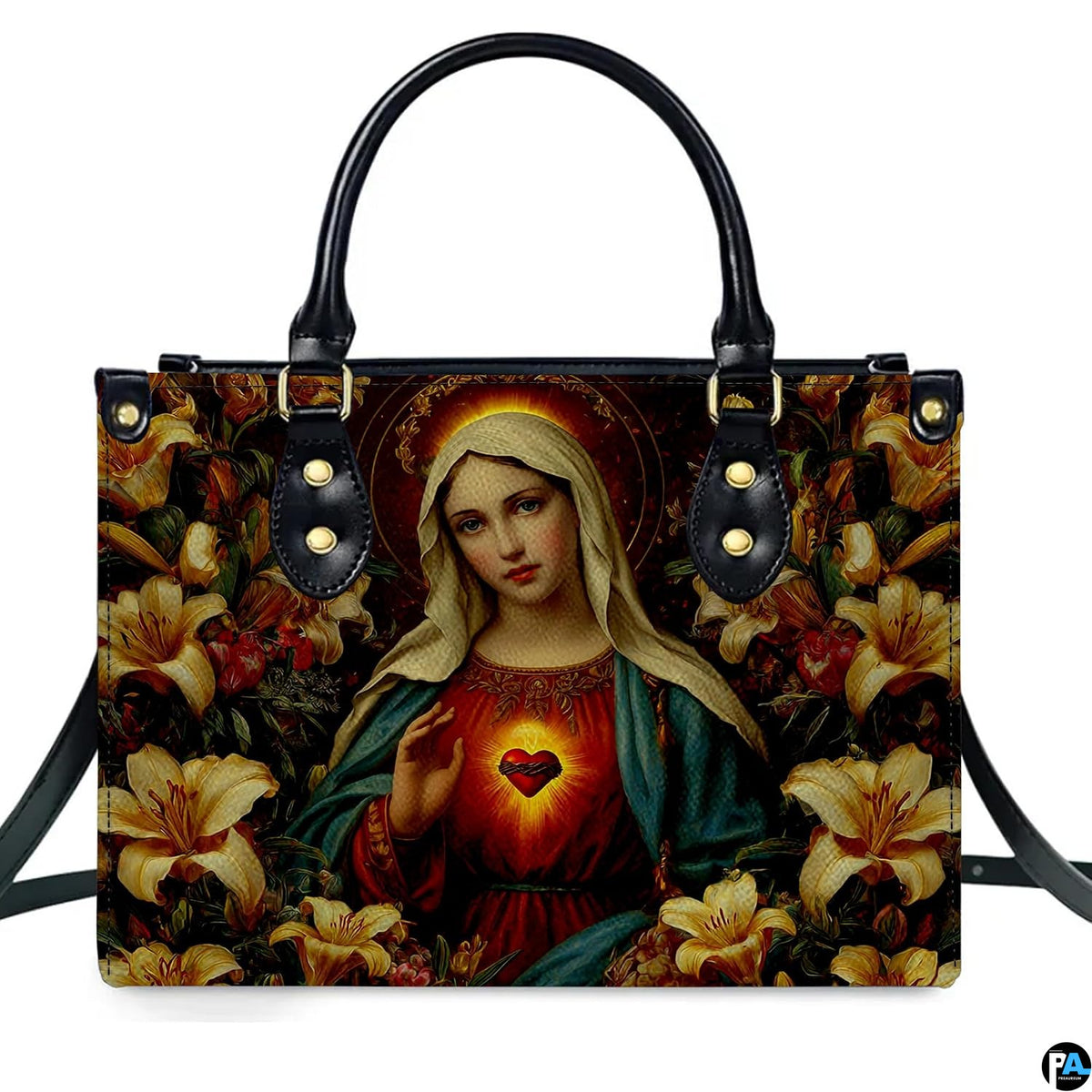 Virgin Mary with golden lilies and radiant Immaculate Heart front view handbag