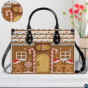 Front view of gingerbread cottage handbag on white surface next to floral decor with texture swatch.