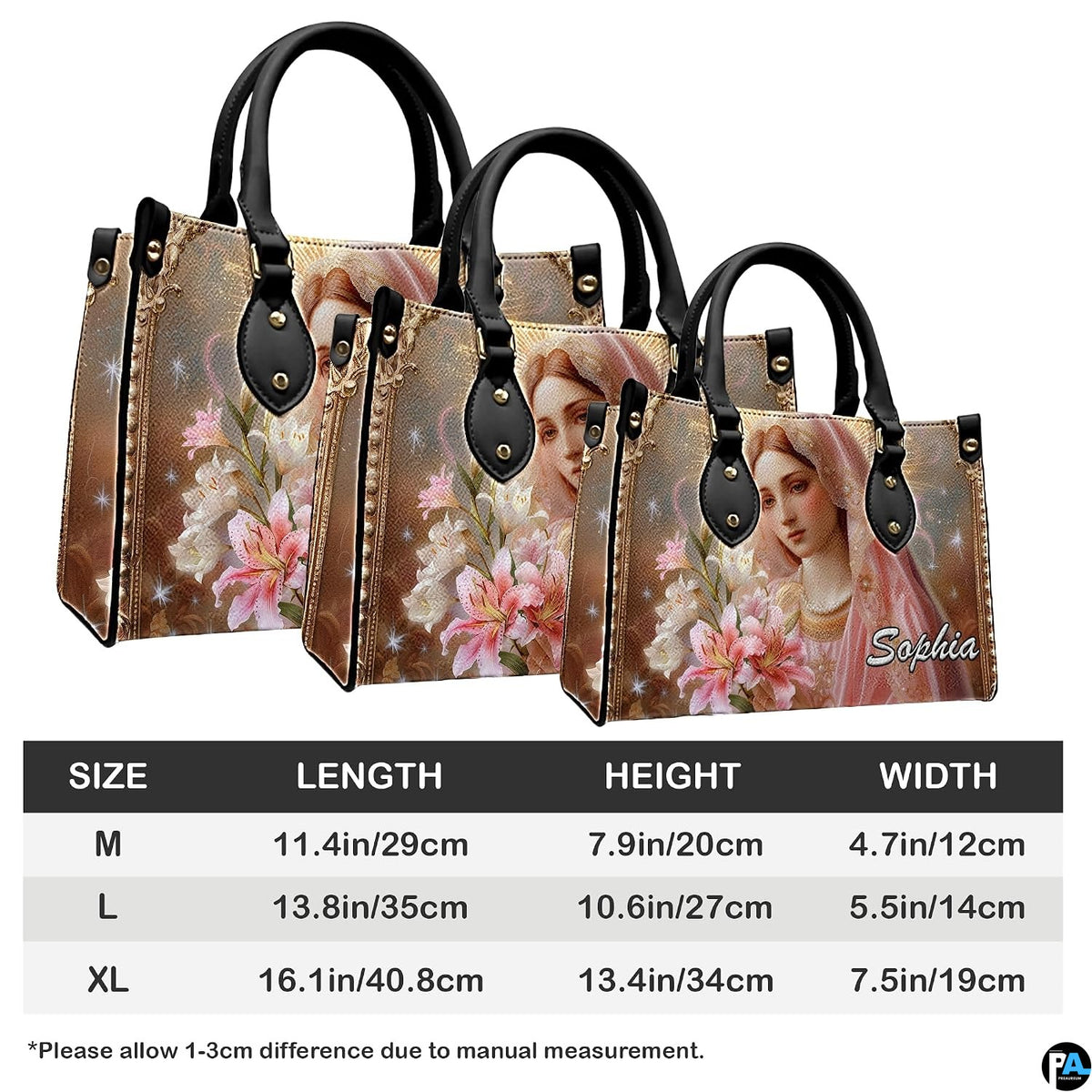 Handbag sizing diagram illustrating medium, large, and extra-large dimensions