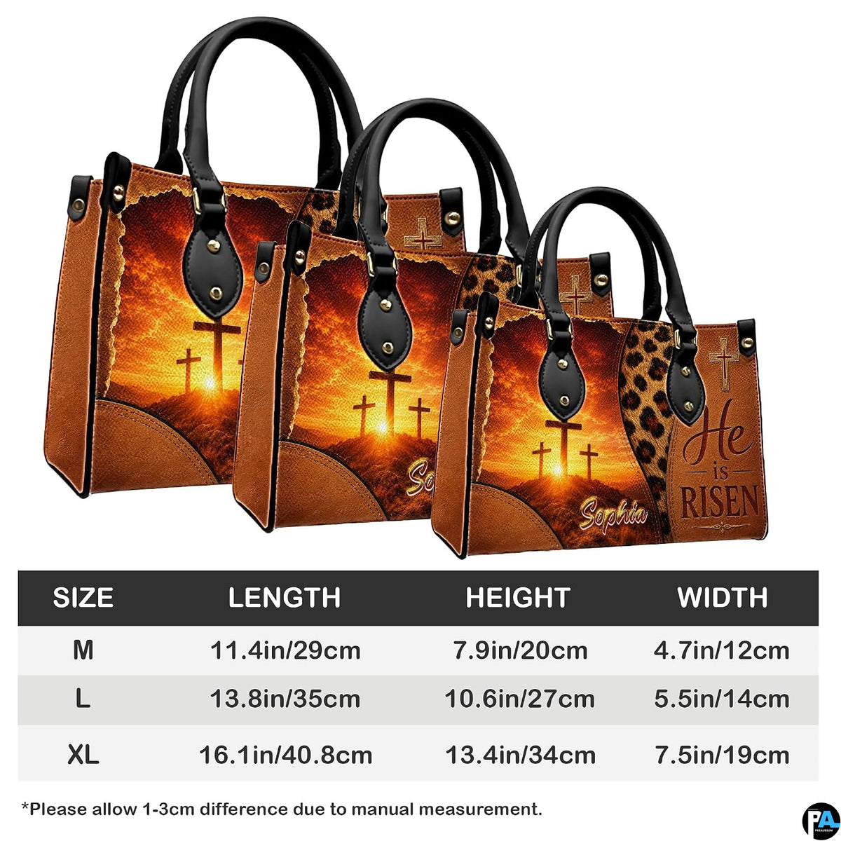 Size comparison chart showing three dimensions for the Easter cross devotional handbag.