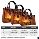 Size comparison chart showing three dimensions for the Easter cross devotional handbag.