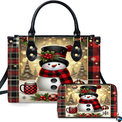 Front view of Christmas snowman plaid handbag and matching zip wallet on solid white background