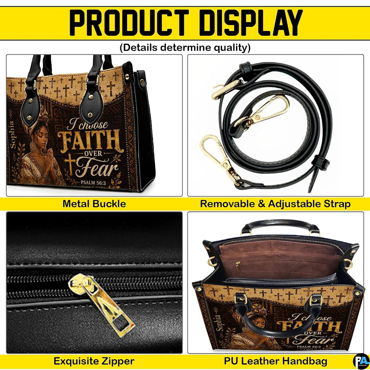 Product display showing buckles, strap, zipper, and interior compartment