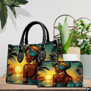 Dual presentation showing coordinated larger and compact matching items with sunset woman artwork.