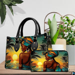 Dual presentation showing coordinated larger and compact matching items with sunset woman artwork.