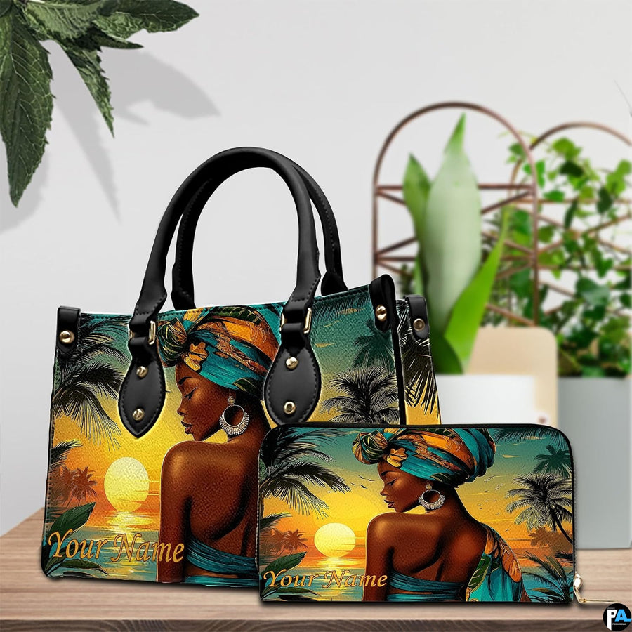 Dual presentation showing coordinated larger and compact matching items with sunset woman artwork.