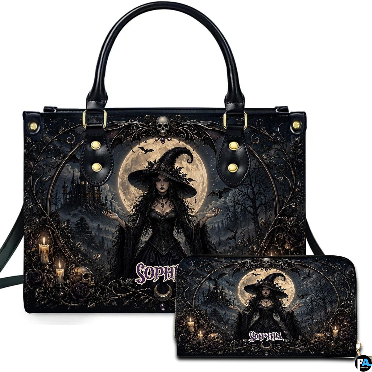Personalized Witch Handbag with Purse, Custom Name Gothic Leather Bag Set for Women, Halloween Shoulder Bag, Witch Gift