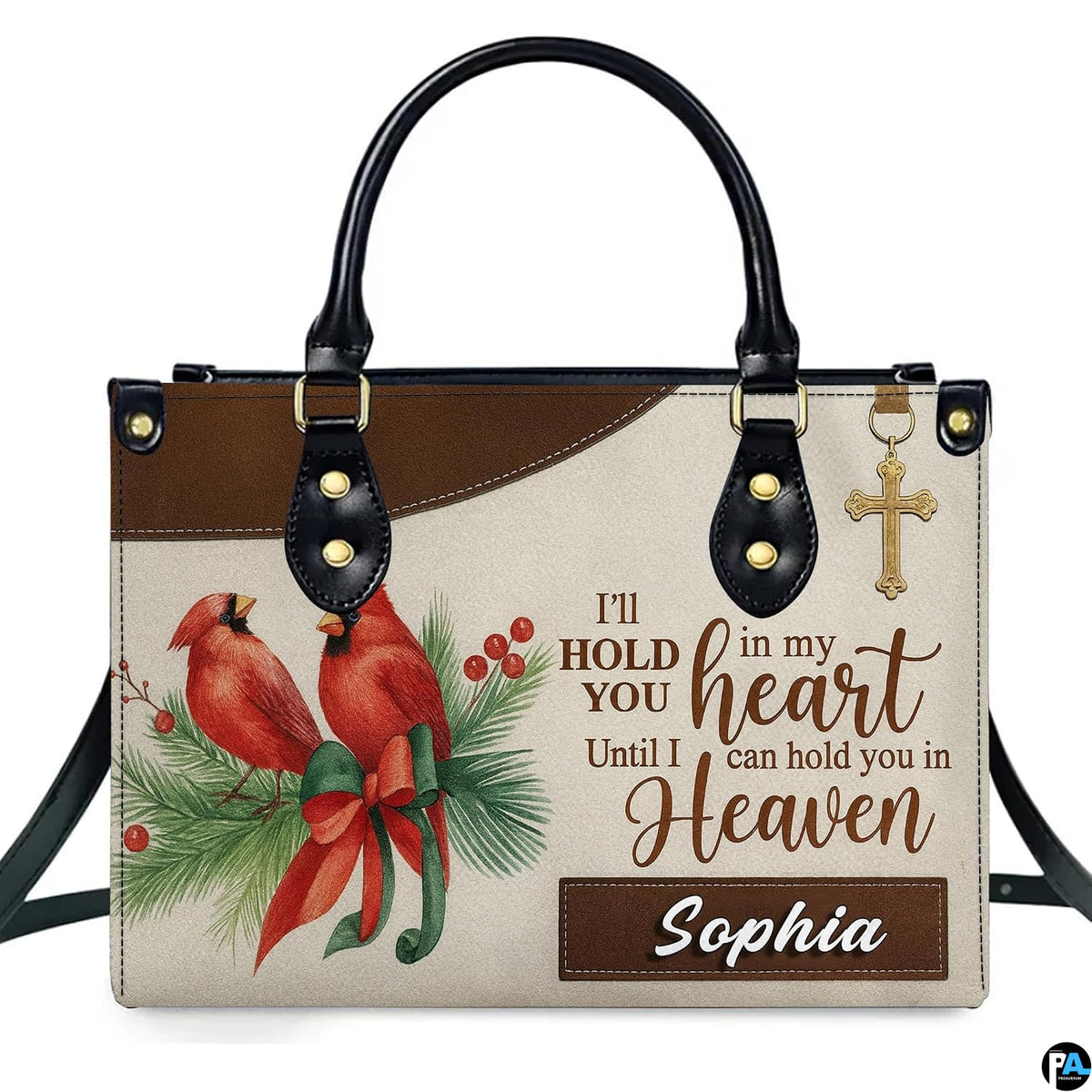 Remembrance graphic featuring red cardinals on pine branches beside hanging golden cross and comforting verse.