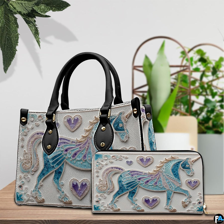 Coordinated arrangement of handbag and wallet displaying the matching filigree unicorn motif.
