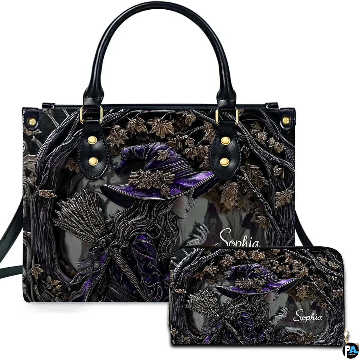 Personalized Halloween Leather Handbag – Custom Witch 3D Printing Effect Purses For Women – Spooky Gothic Shoulder Bag