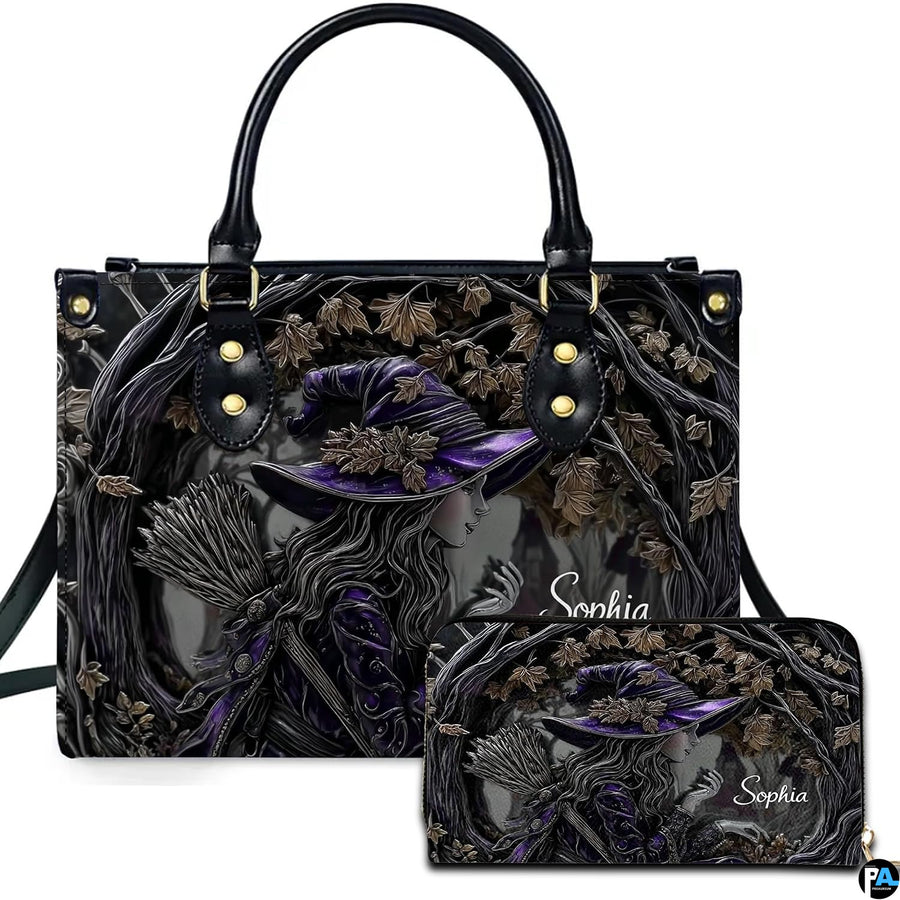 Personalized Halloween Leather Handbag – Custom Witch 3D Printing Effect Purses For Women – Spooky Gothic Shoulder Bag