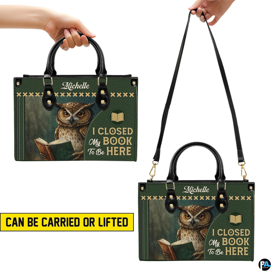 Dual mockup demonstrating handheld carry and shoulder strap wear for reading owl handbag.