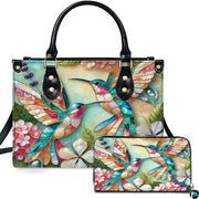 Front view of turquoise mosaic hummingbird handbag and matching wallet with blooming coral floral petals.