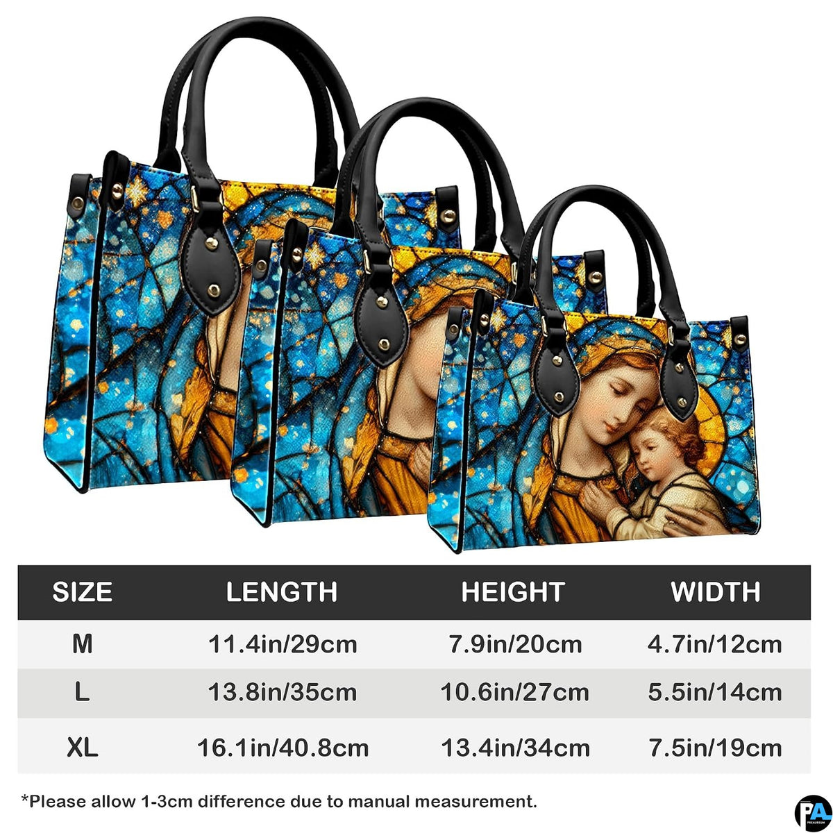 Side profile and structured bottom base of stained glass Madonna handbag.