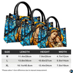 Side profile and structured bottom base of stained glass Madonna handbag.