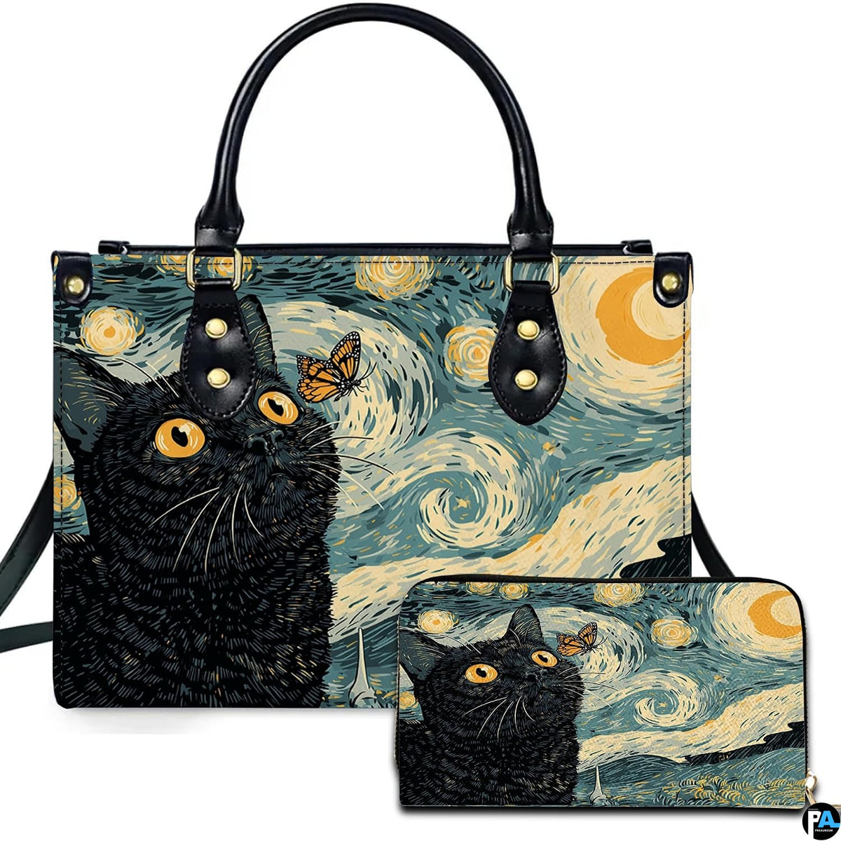 Studio presentation of starry night cat art alongside matching rectangular companion accessory.