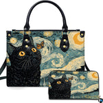 Studio presentation of starry night cat art alongside matching rectangular companion accessory.