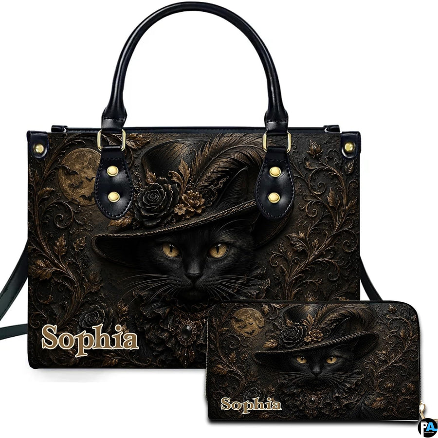 Personalized Halloween Gothic Leather Handbag Custom Raven Black Cat Purse Dark Fantasy Shoulder Bag Gift for Women