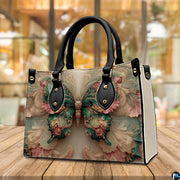 Tabletop perspective of emerald Rococo butterfly handbag standing upright on wooden surface