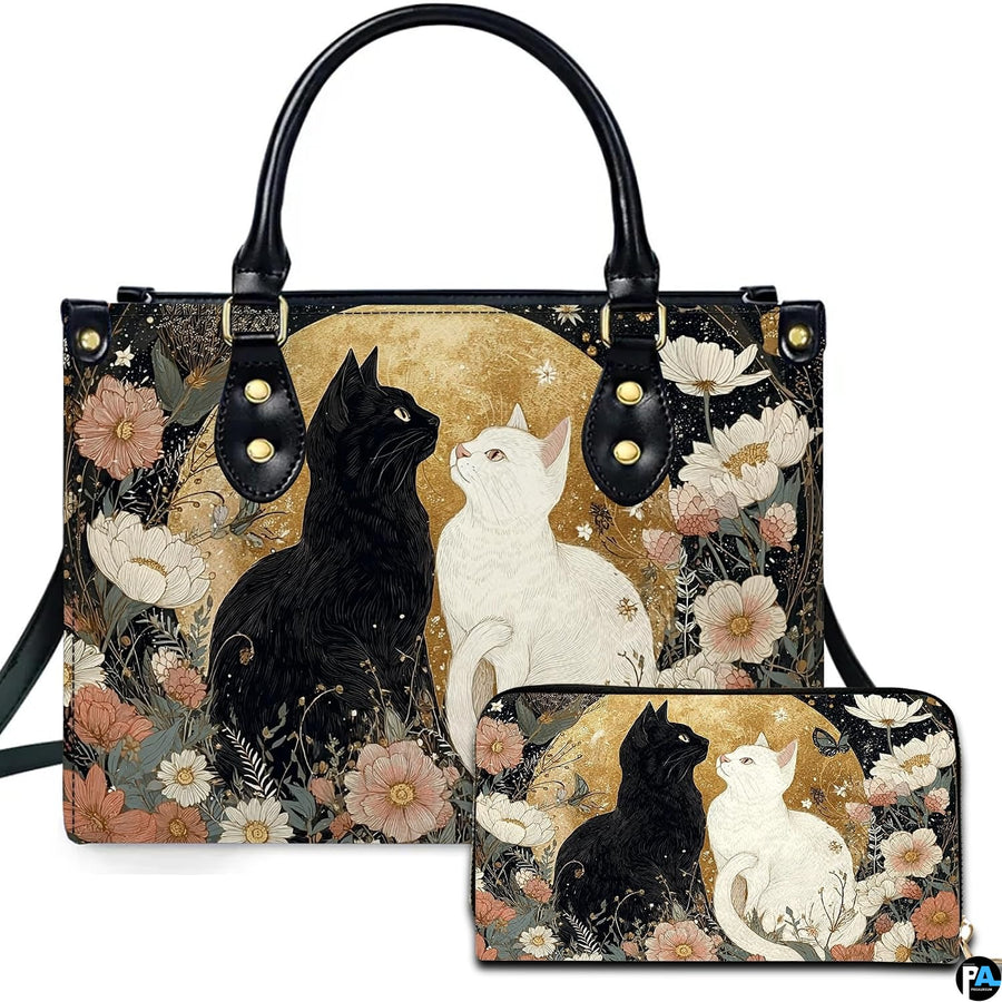 Black Cat Leather Bag – Vintage Cat Art Handbag, Stylish Animal-Themed Purse, Unique Gift for Cat Lovers