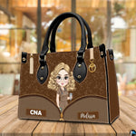 Chibi nursing assistant handbag shown on wooden tabletop with cafe background lighting.