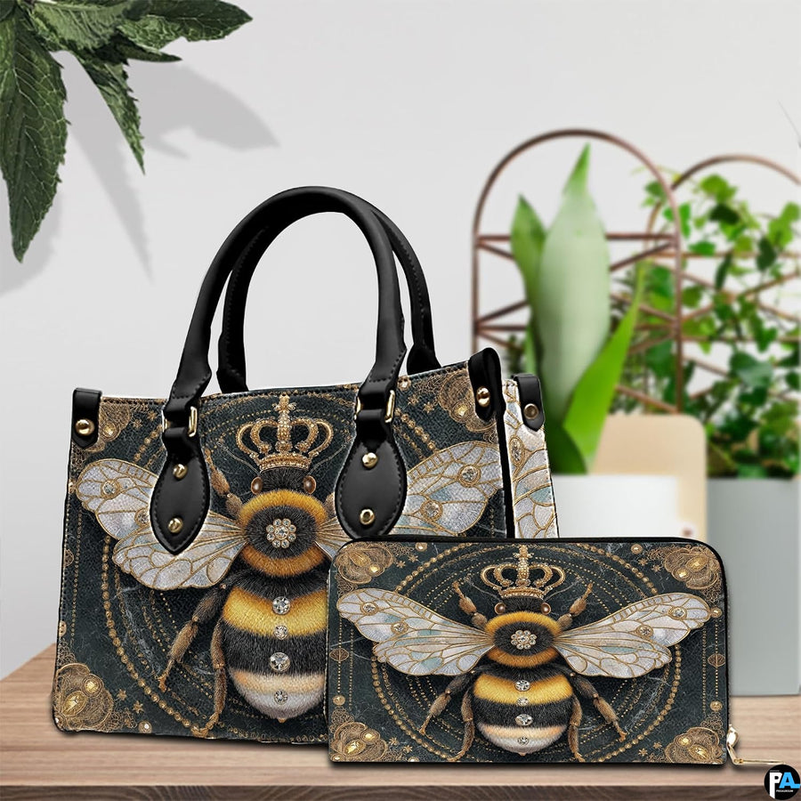 Coordinated arrangement of handbag and wallet displaying the matching bumblebee artwork.