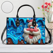 Tabletop lifestyle presentation of blue drip glaze Santa holiday handbag next to floral vase
